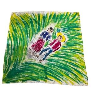 Very vintage water color Asian Couple silk scarf signed Mga hand rolled